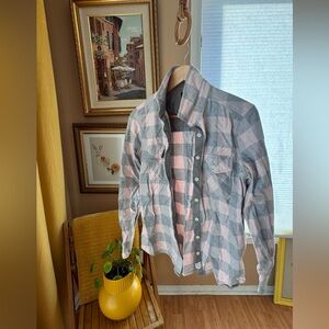 Roots Pink & Gray Plaid Cotton Size Small Button Down Shirt w Elbow Pads Pockets